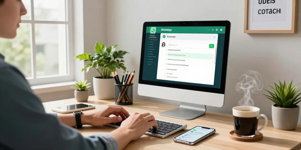 User utilizing WhatsApp電腦版 on desktop computer in a modern home office workspace, promoting productivity in a tech-savvy environment.