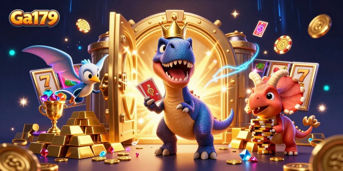 Engage with the excitement of ga179 by witnessing a T-Rex shuffle cards and triceratops stack chips in a vibrant casino scene.