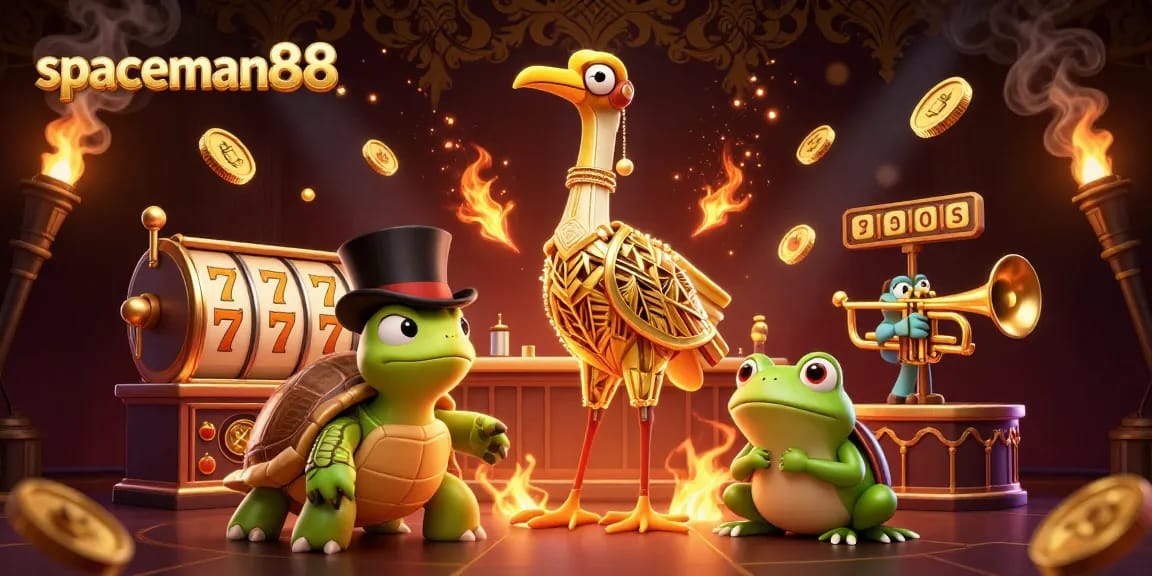 Experience the exciting moments at spaceman88 with slot reels and vibrant casino characters.
