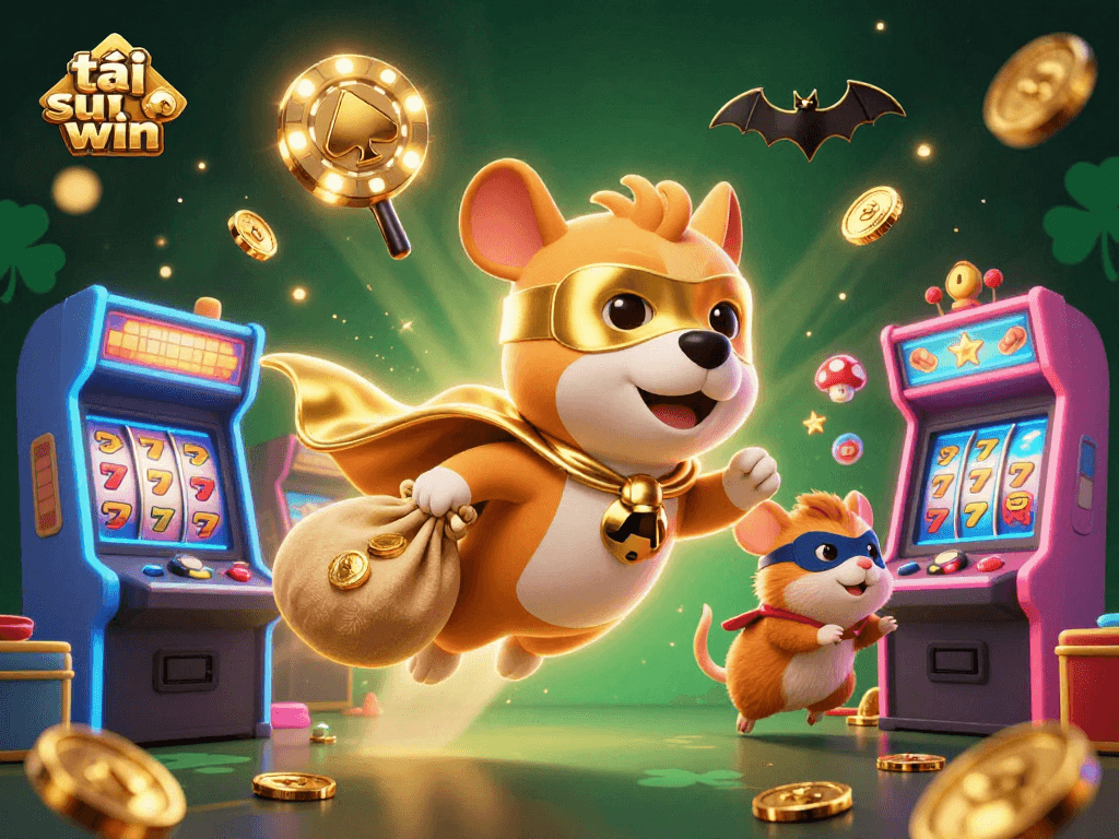 Spin the reels with tải sun win as a superhero dog flies with gold coins and arcade games in a dynamic casino scene.