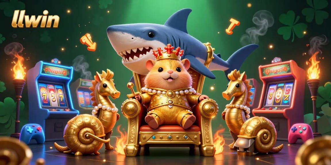 Bet on llwin's golden hamster king enjoying vibrant slots and arcade games in an immersive 3D casino