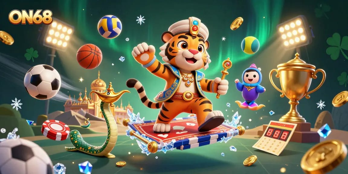 Experience ON68 with a dynamic scene featuring a tiger sultan, flying carpet, and gaming elements.