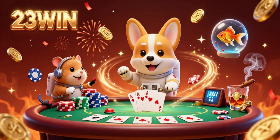 Engage in thrilling games with 23WIN at a zero-gravity casino featuring colorful poker chips and characters.