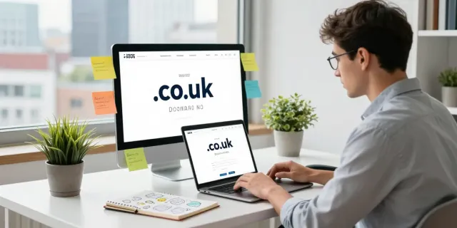Buy .co.uk domain with an entrepreneur at a modern desk, brainstorming ideas.