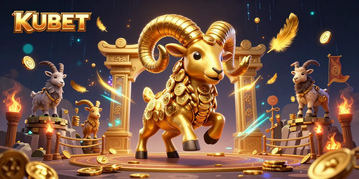 KUBET casino features a massive golden ram atop a golden gate in a vibrant, action-packed scene.