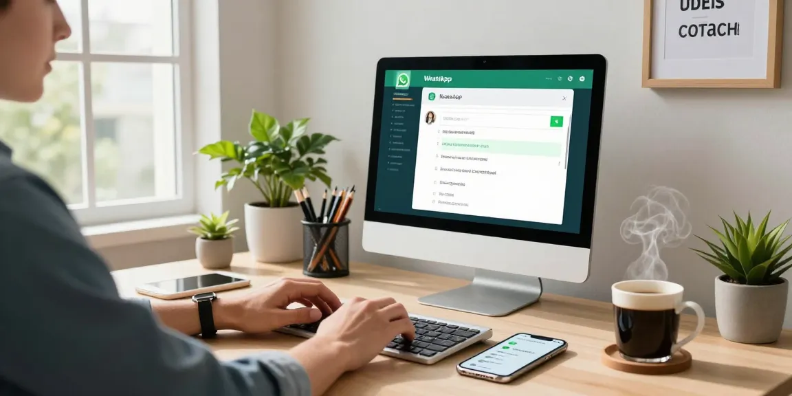 User utilizing WhatsApp電腦版 on desktop computer in a modern home office workspace, promoting productivity in a tech-savvy environment.