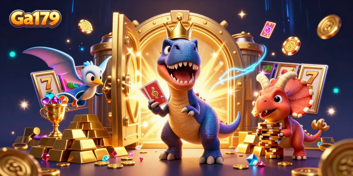 Engage with the excitement of ga179 by witnessing a T-Rex shuffle cards and triceratops stack chips in a vibrant casino scene.