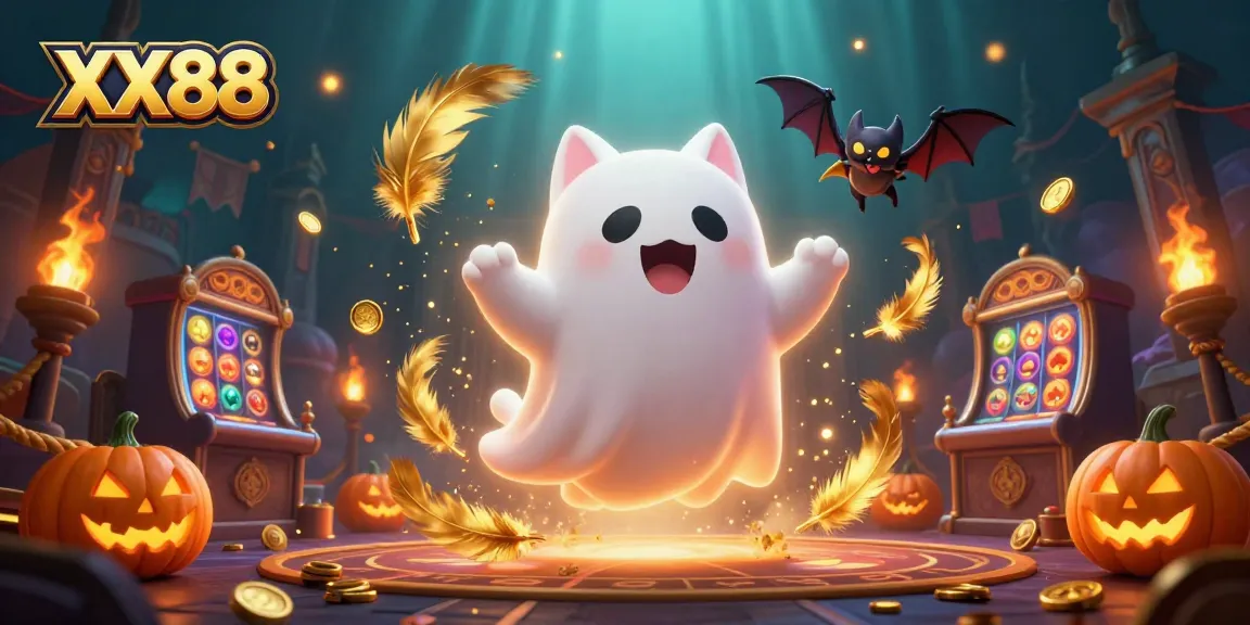 Experience exciting games at XX88 casino with a floating ghost cat, enchanting elements, and vibrant visuals.