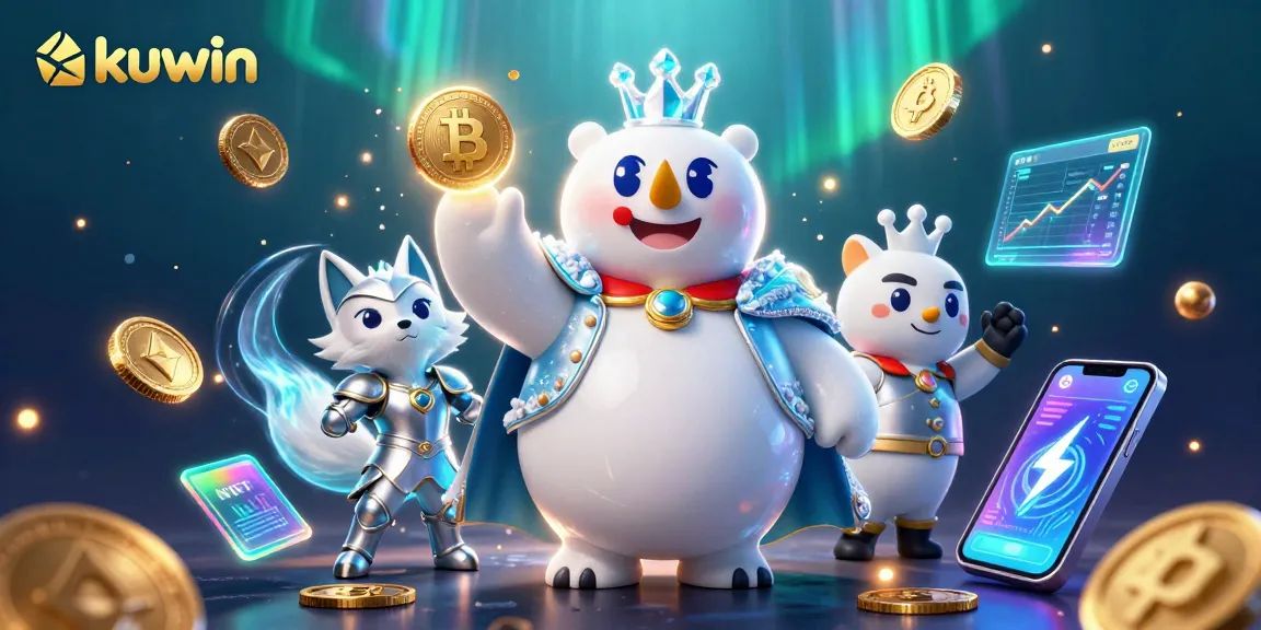 Kuwin features a 3D ice king polar bear with a snow fox, surrounded by crypto elements and casino symbols.