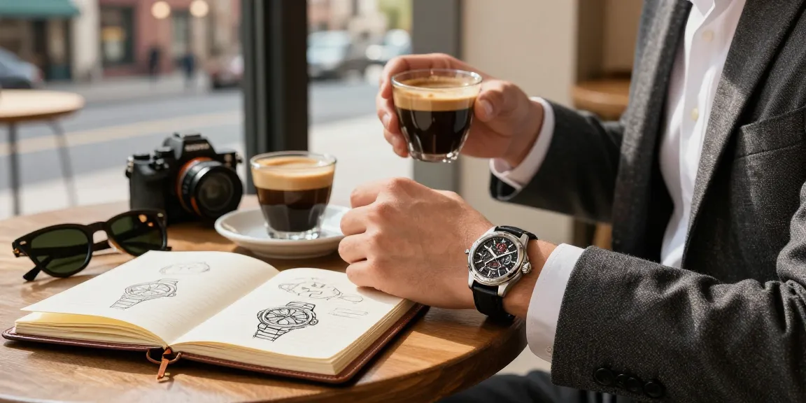 Examining super clone watches at a chic café, showcasing luxury style.