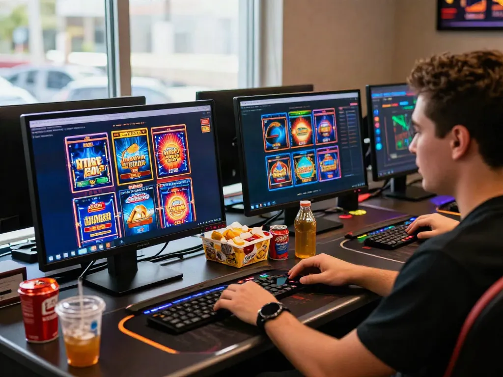 Engaging scene of a player exploring online credit card casinos on a computer with vibrant graphics.