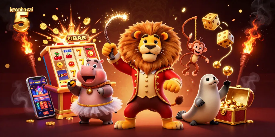 Engage with keo nha cai 5 in this vibrant illustration featuring circus characters celebrating casino wins.