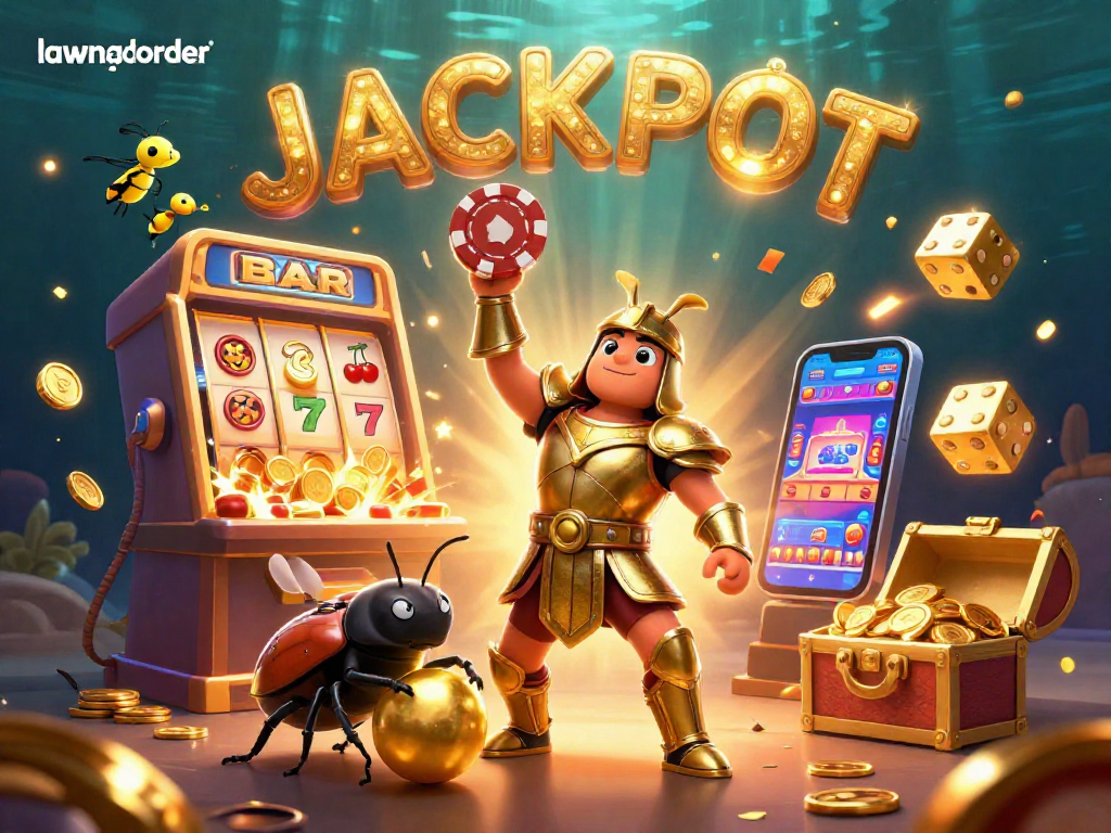 Engage with the thrilling world of lawnandorder, illustrated with vibrant characters celebrating a slot game jackpot.