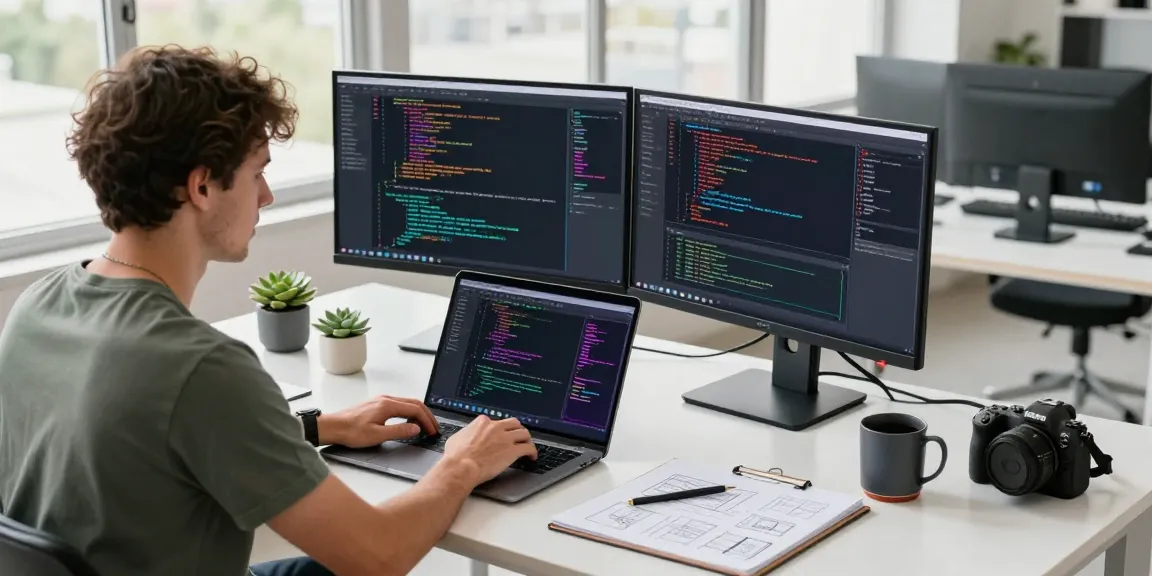 Developer using an AI code generator at a modern workstation with bright code displays and creative design tools.