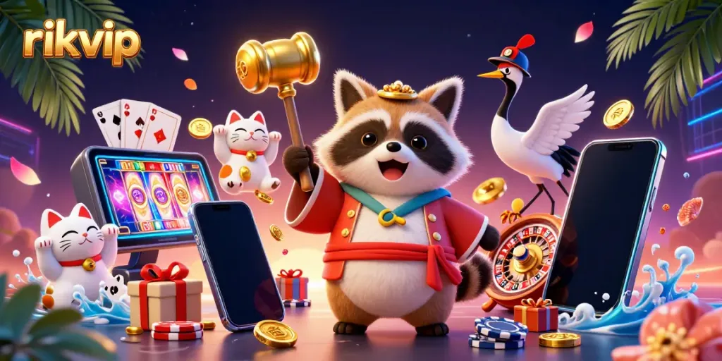 Experience vibrant slot excitement with rikvip in this detailed 3D casino illustration featuring cheerful characters and game elements.