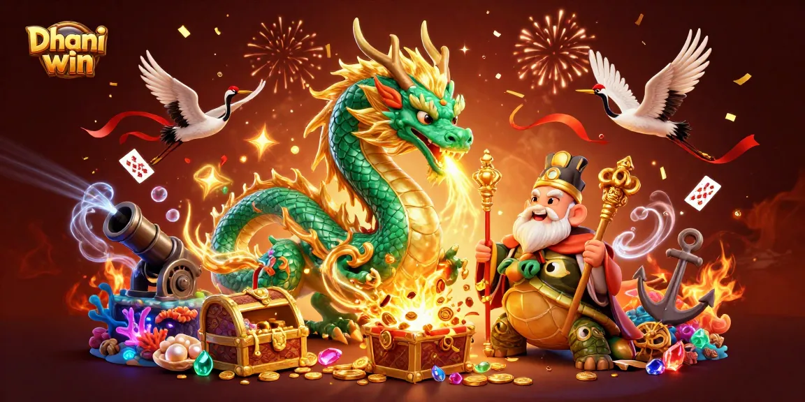 Dhani win showcases a captivating scene featuring a jade dragon, a turtle sage, and lucky cranes amidst gambling elements in a colorful casino background.