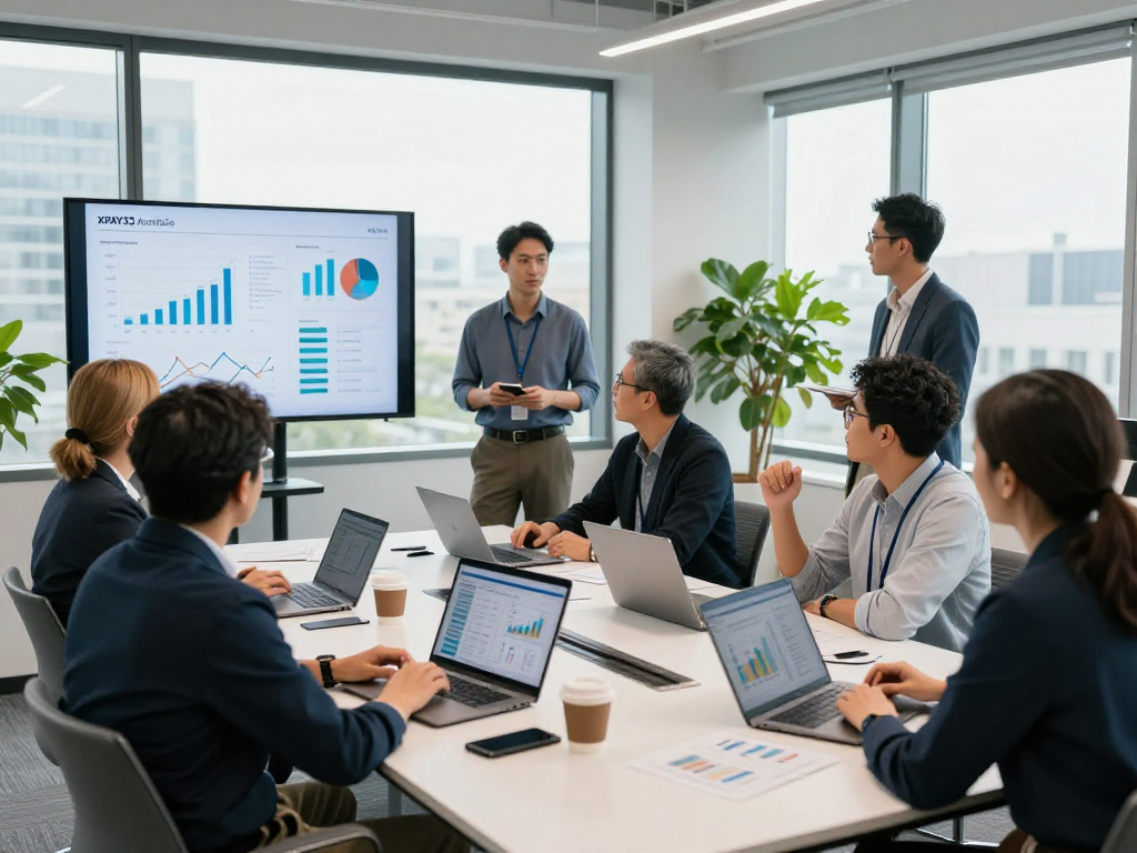 Networking professionals discussing strategies for XPAY33 Australia in a modern office environment.