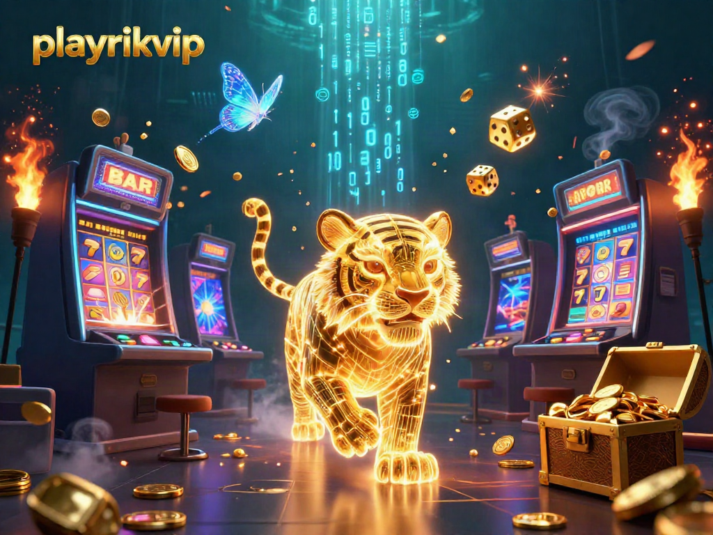 Experience thrilling jackpots with playrikvip’s lively digital casino scene featuring a golden tiger and vibrant game elements.
