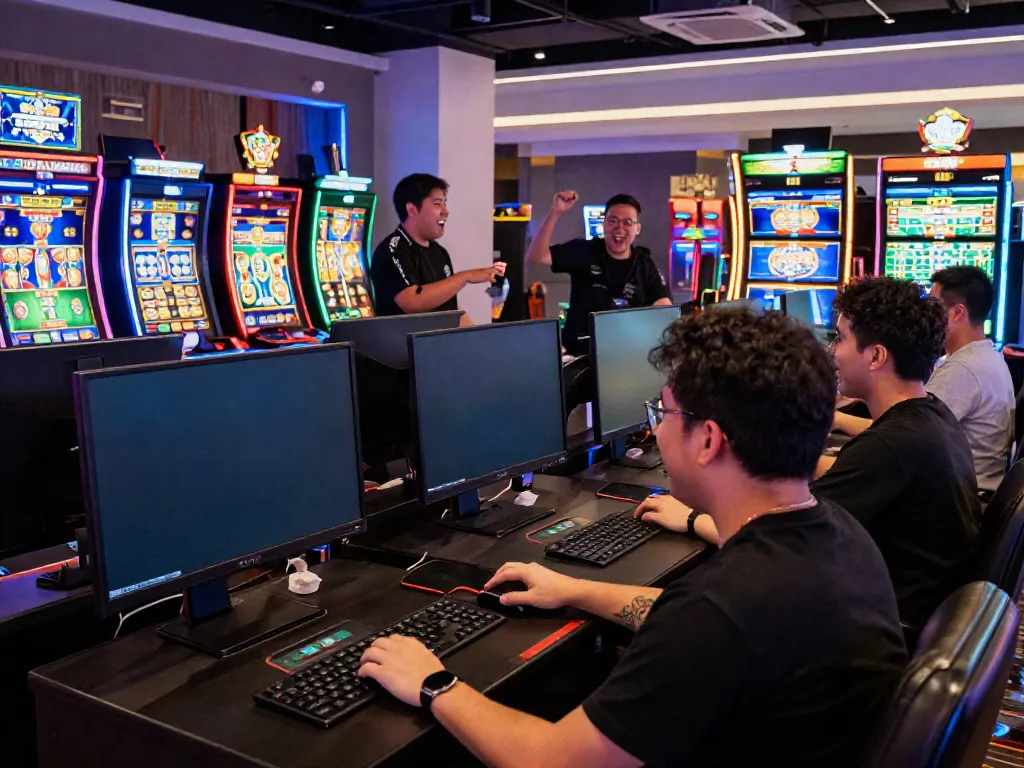 A diverse group of gamers enjoying vibrant gameplay at GEM88's online casino.