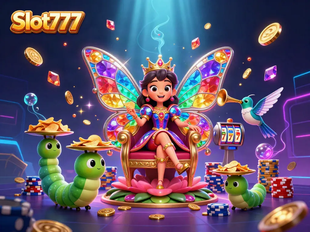Spin the reels with Slot777 in this vibrant casino illustration featuring a fantasy-themed queen.