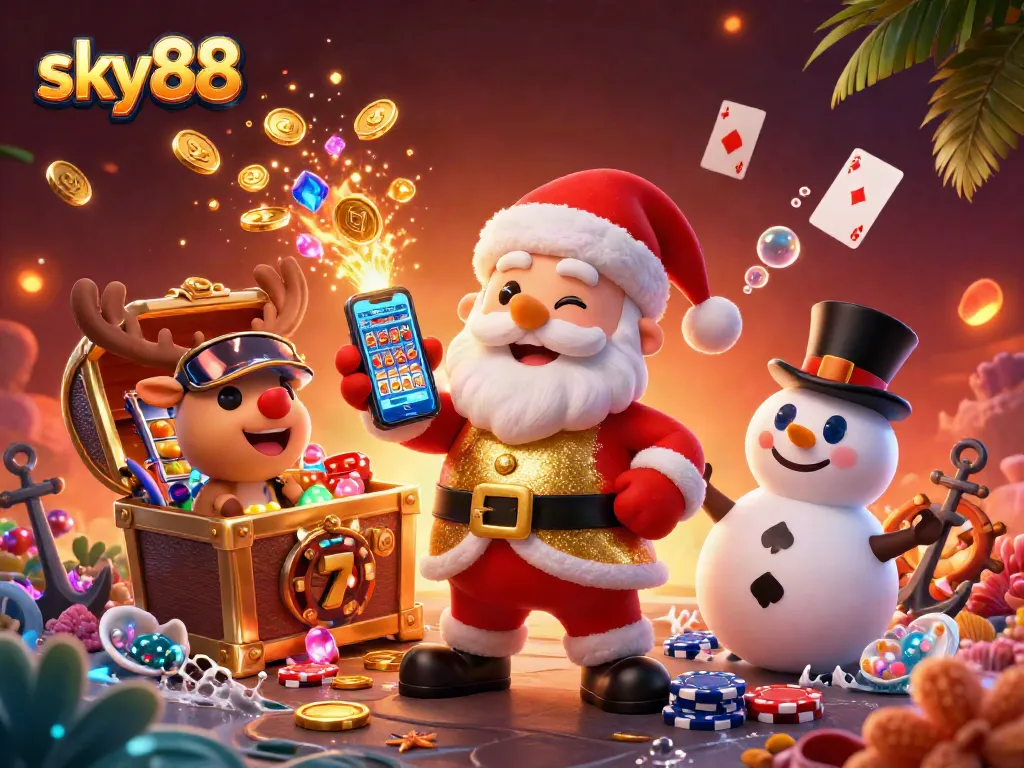 Experience thrilling jackpots with sky88 featuring Santa Claus and friends in a vibrant casino scene.