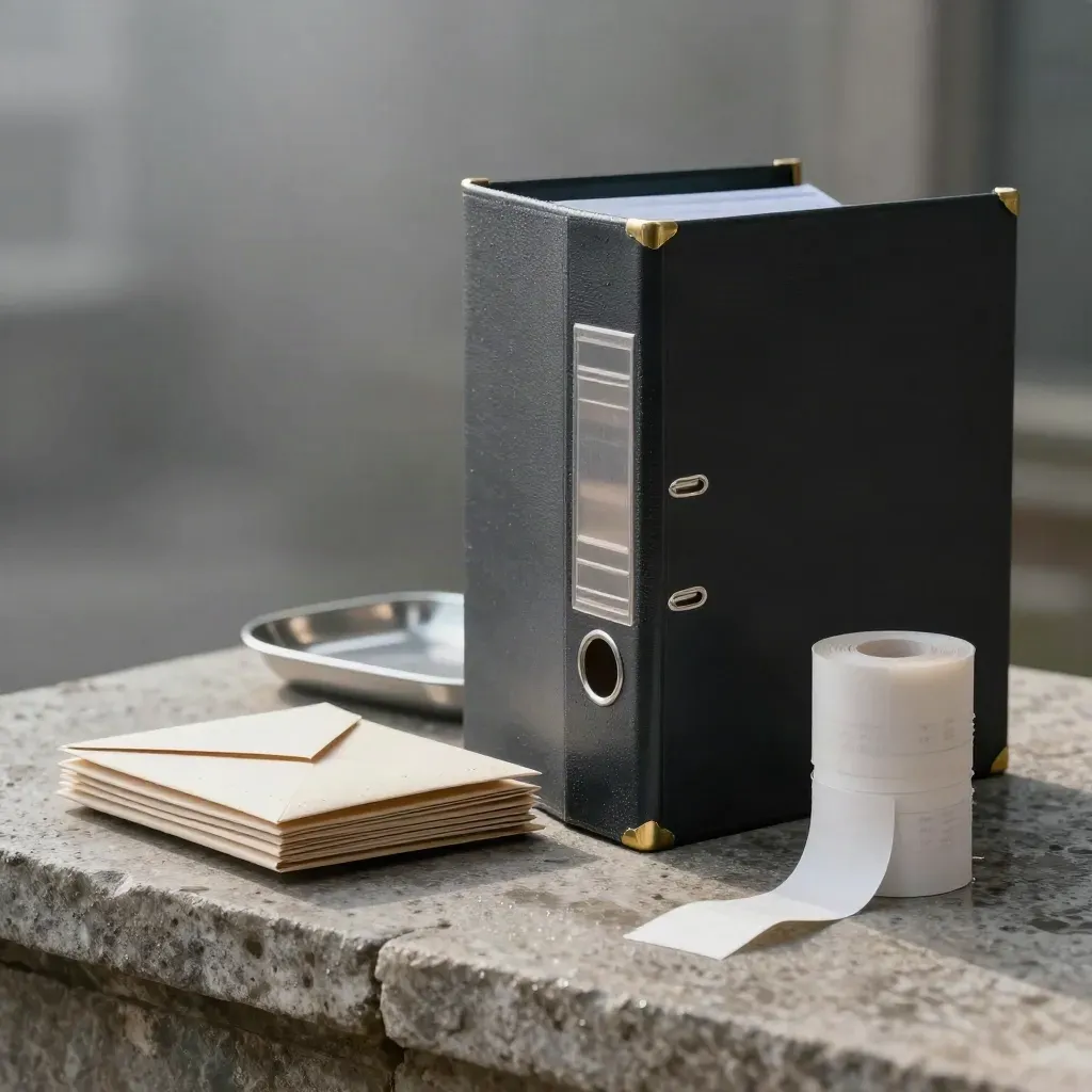Charcoal ledger binder, receipt rolls and envelopes on wet stone at dawn