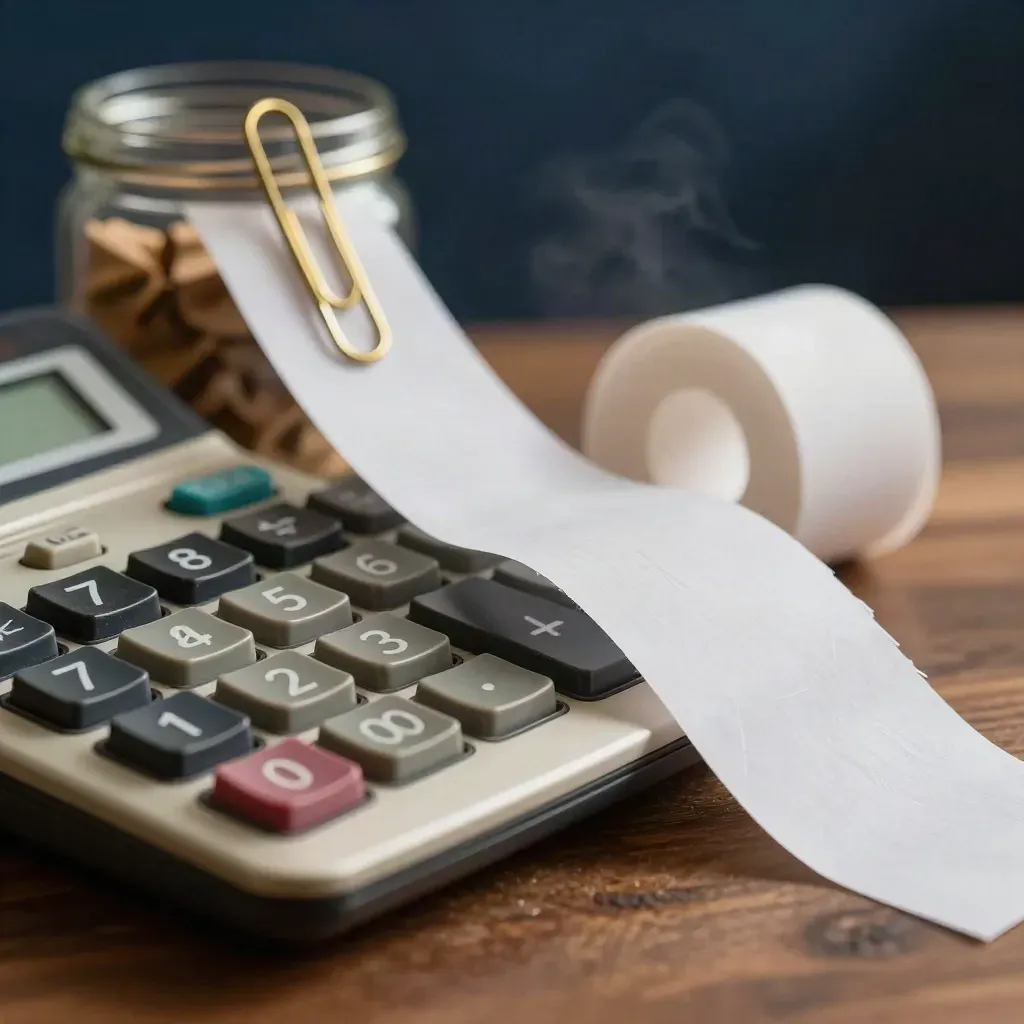 Extreme macro of calculator, receipt envelope, and brass paperclip jar on walnut.