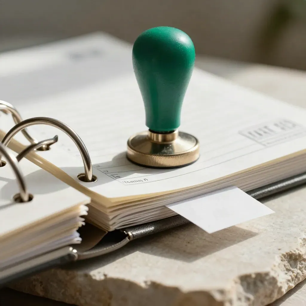Macro of a ring binder, drying tax stamp and folded docket tag on pale stone.