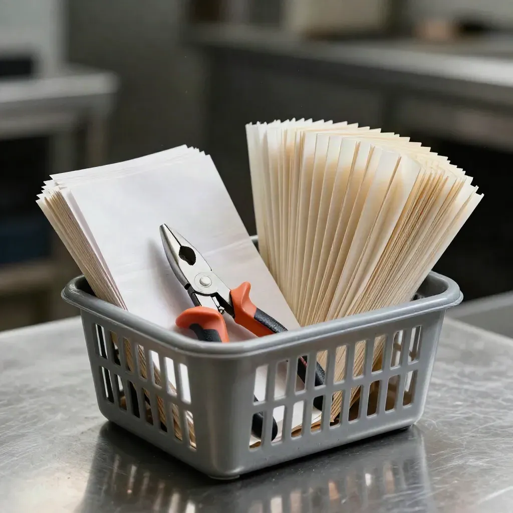 Receipt basket, open punch pliers and folder tabs on brushed metal, lit with side light.