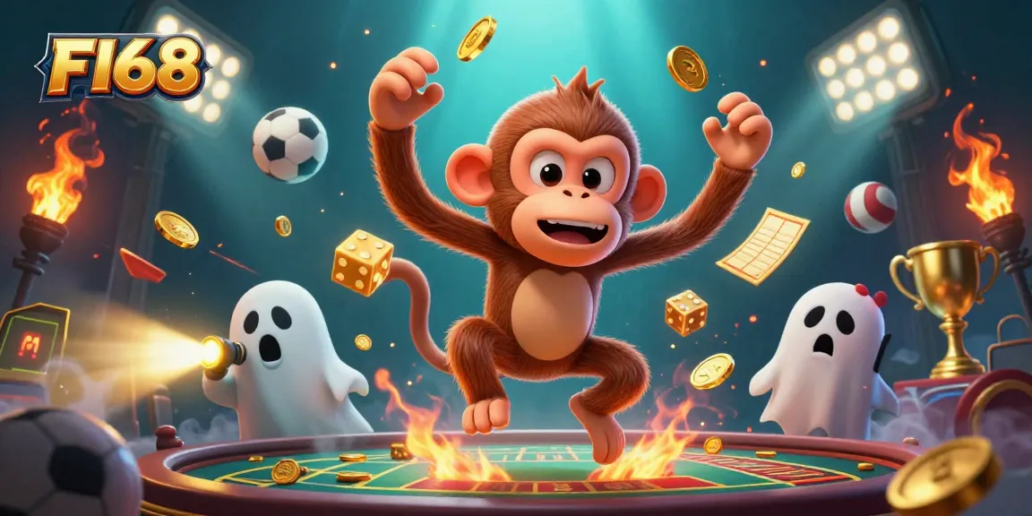 Experience thrilling gameplay at F168 with a playful monkey and a curious puppy in a lively casino.