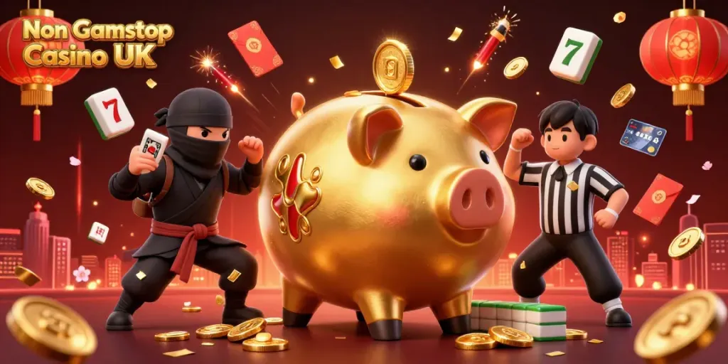Experience the excitement at Non Gamstop Casino UK with a vibrant 3D illustration of a golden piggy bank sumo wrestler.