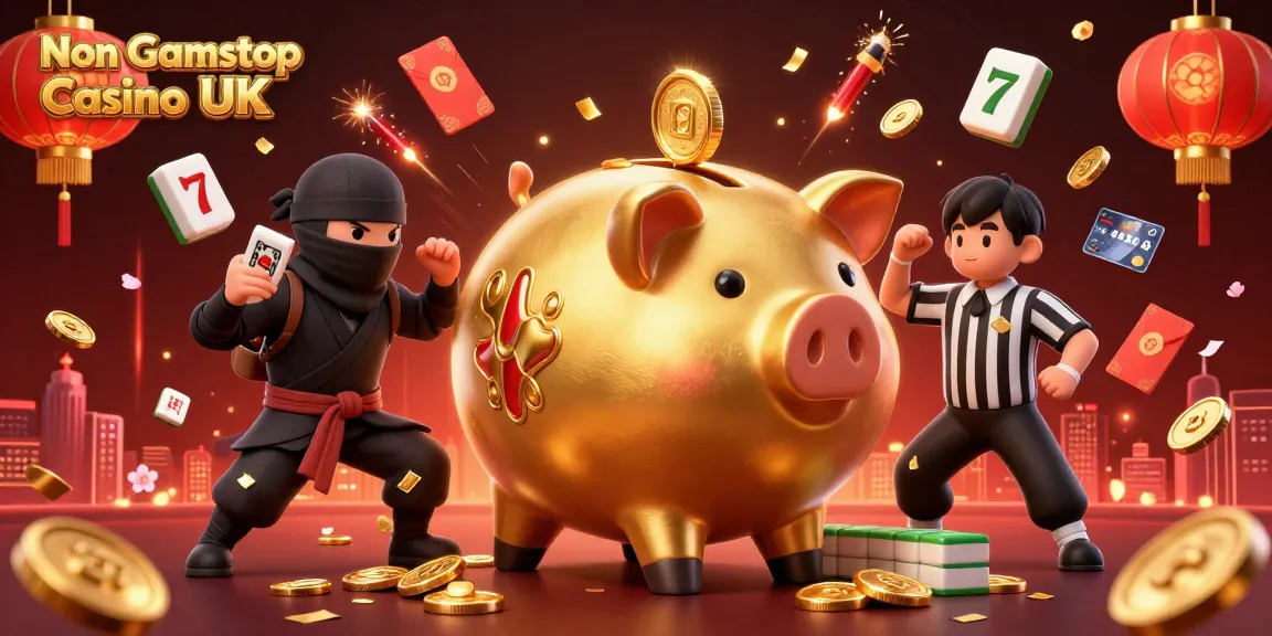 Experience the excitement at Non Gamstop Casino UK with a vibrant 3D illustration of a golden piggy bank sumo wrestler.