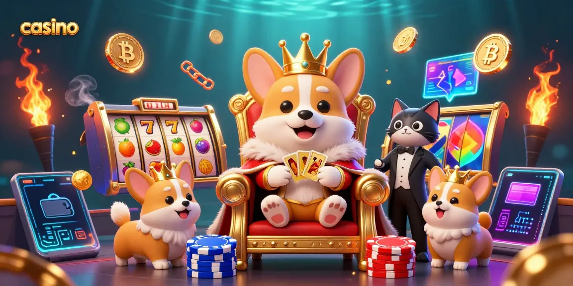 Experience fun at the casino with a crowned corgi on a throne of chips surrounded by joyful gaming elements.