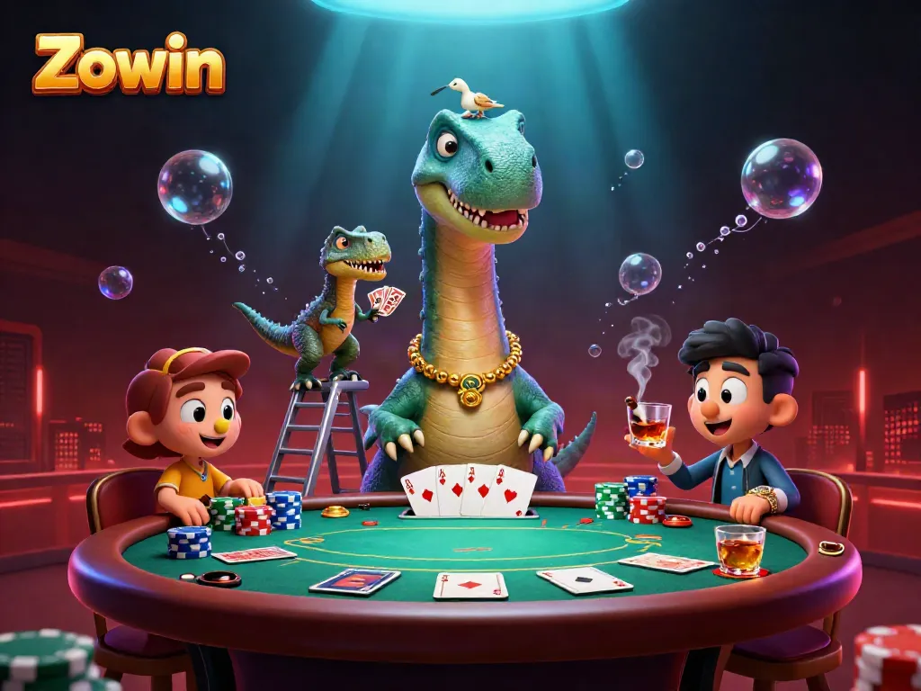 Zowin's dynamic casino scene showcases a playful brontosaurus overseeing a poker game, highlighting lively gambling action.