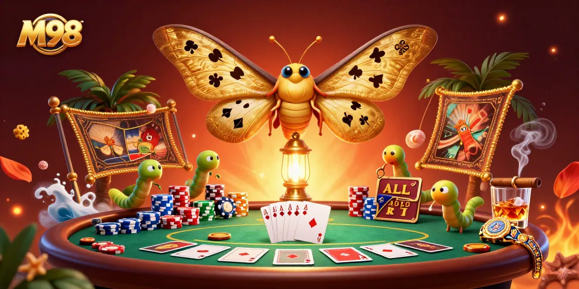 M98 brings thrilling poker action to life with majestic moths, colorful chips, and vibrant casino scenes.