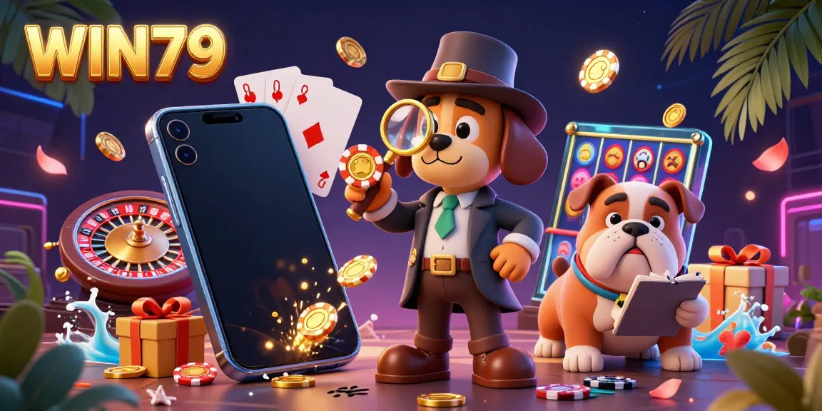 Experience WIN79's exciting gameplay with a detective dog duo discovering winners in a vibrant casino scene.