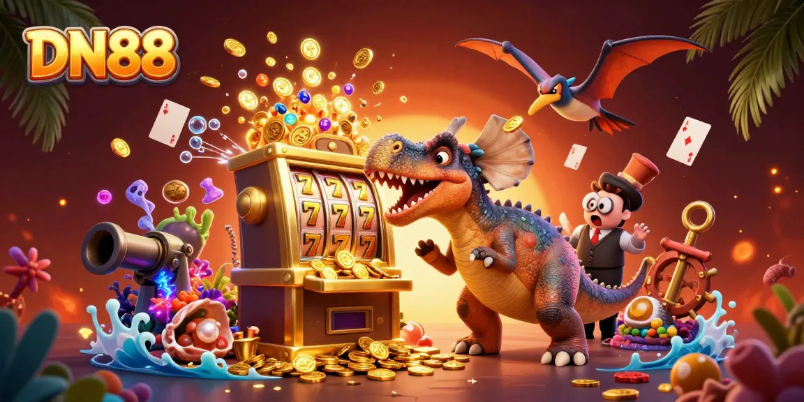 Experience the energy of DN88 as a pachycephalosaurus collides with a golden slot machine to unleash jackpot coins.