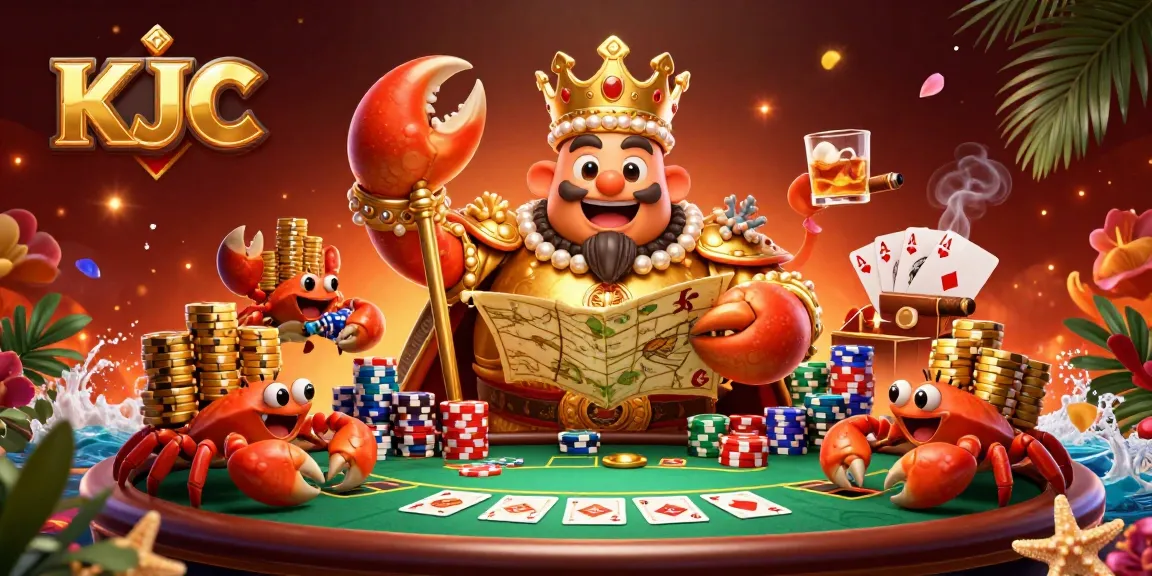 KJC casino illustration showcasing a golden crab emperor amidst poker elements and hermit crabs carrying chips.