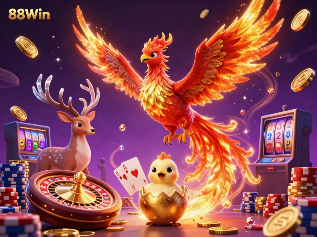 Experience the excitement of winning at 88Win with a vibrant 3D phoenix and casino elements bursting with energy.