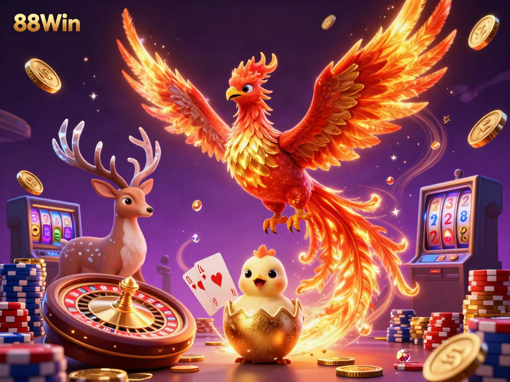 Experience the excitement of winning at 88Win with a vibrant 3D phoenix and casino elements bursting with energy.