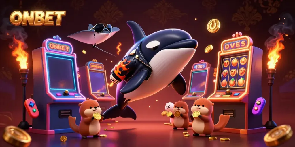 Experience the electrifying ONBET gaming scene with an orca, stingray, and otters among slot machines.