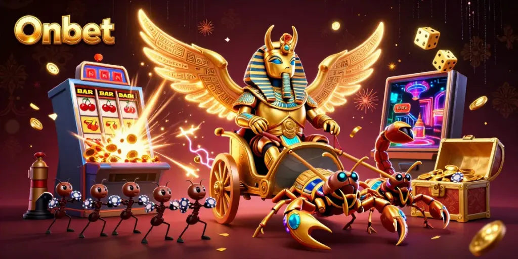 Experience Onbet with extreme excitement in this vibrant casino scene featuring dazzling characters and gaming elements.