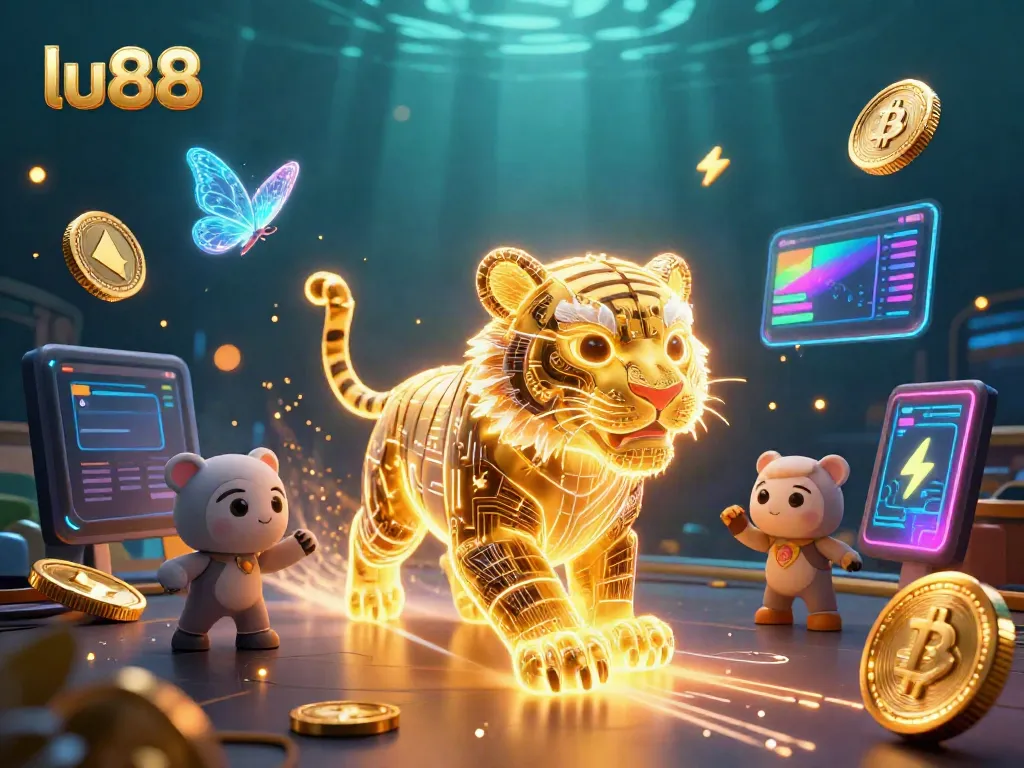 Engage with the vibrant lu88 digital casino landscape featuring a golden tiger and crypto elements.