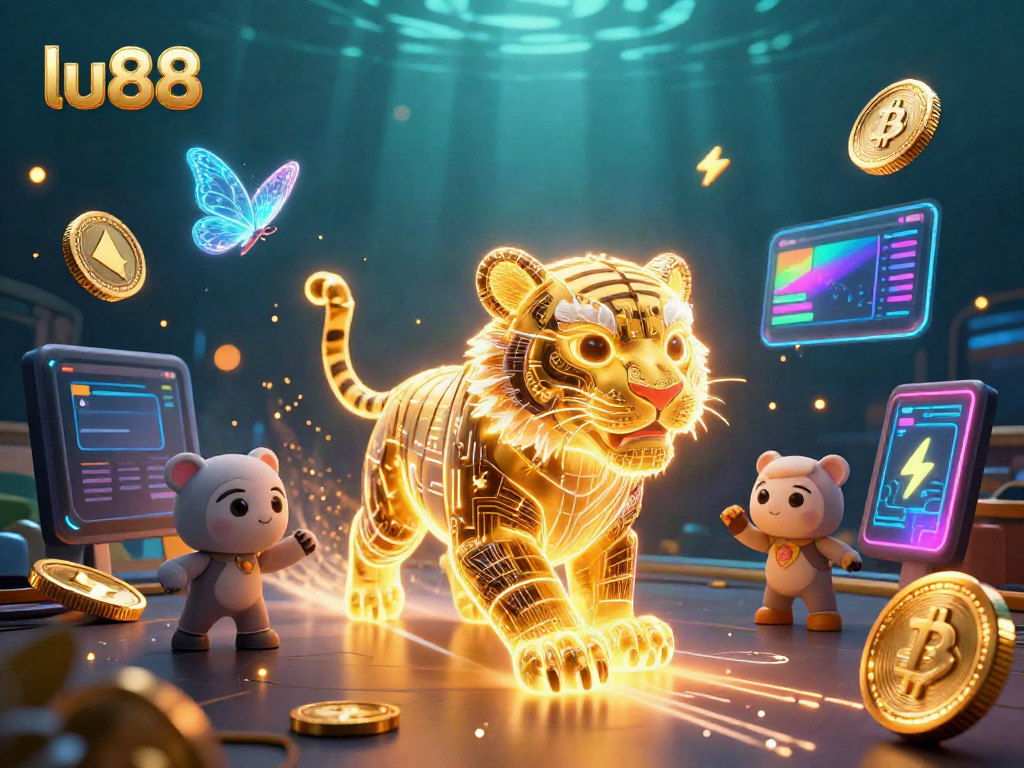 Engage with the vibrant lu88 digital casino landscape featuring a golden tiger and crypto elements.