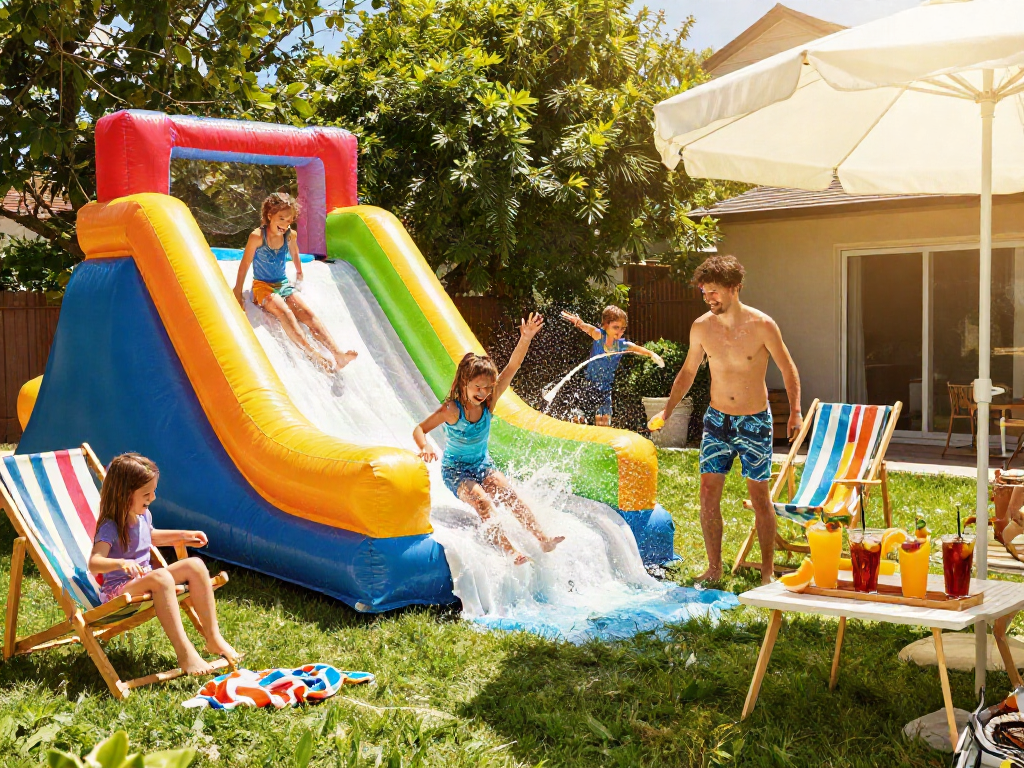 Children sliding in the water on a vibrant inflatable water slide, enjoying a sunny summer day.