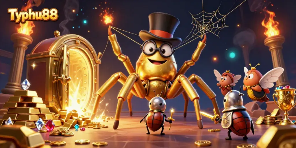 Engage with Typhu88's colorful casino world featuring a golden tarantula and brave beetle knight amidst treasure.