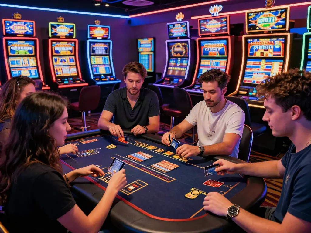Engaged players exploring credit card casinos with vibrant neon lights and exciting promotions.