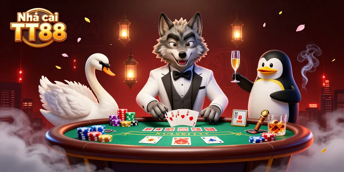 Engage with Nhà cái TT88 at a vibrant casino table featuring a debonair wolf and elegant swan.