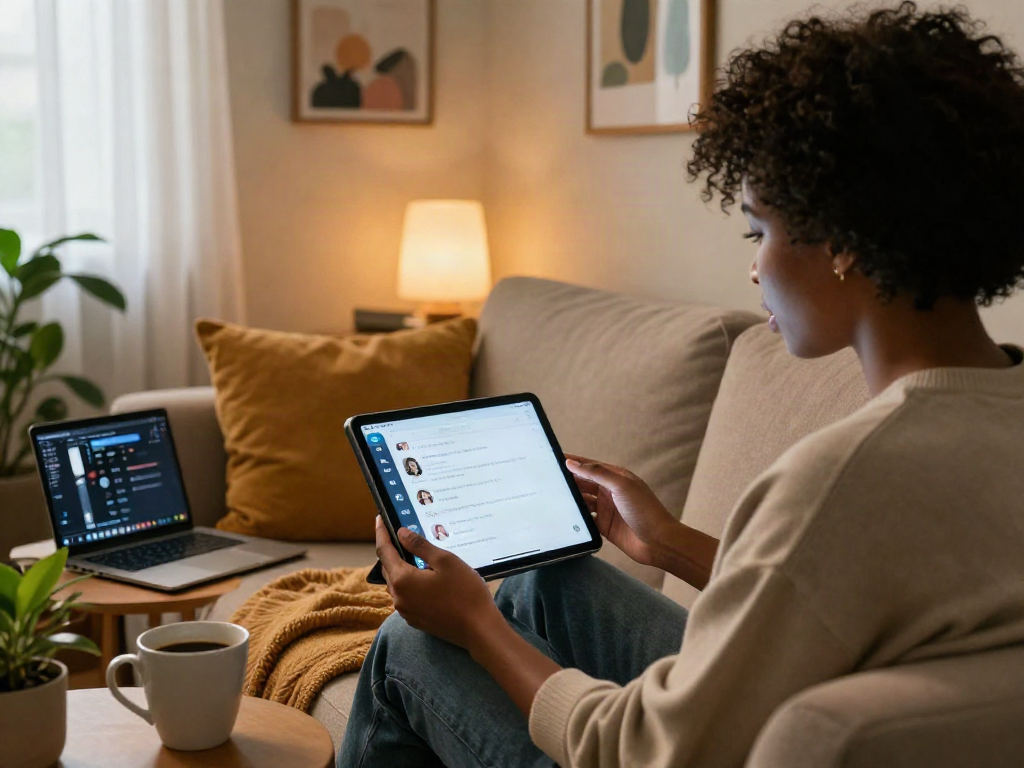 Cozy scene of a person using ai sex chat on a tablet in a warm, inviting home.
