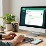 User utilizing WhatsApp電腦版 on desktop computer in a modern home office workspace, promoting productivity in a tech-savvy environment.